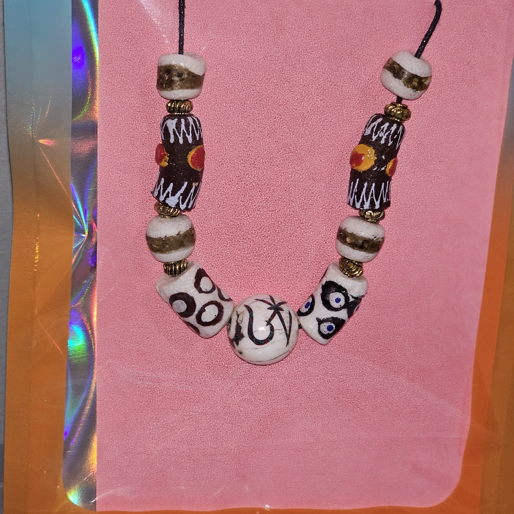 African Trade Beads Necklace With Prayer Beads On Black Rope.